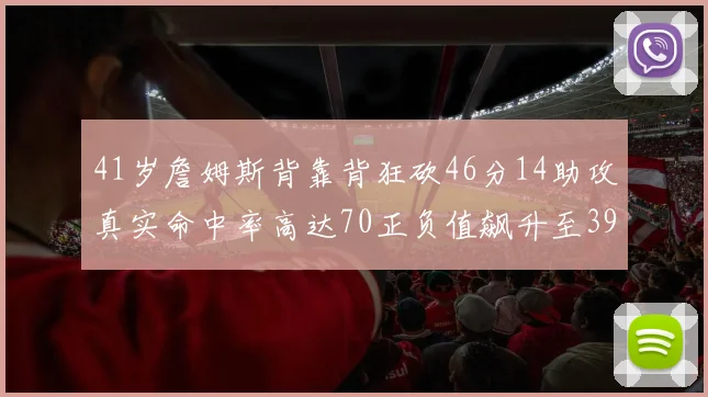 41岁詹姆斯背靠背狂砍46分14助攻真实命中率高达70正负值飙升至39